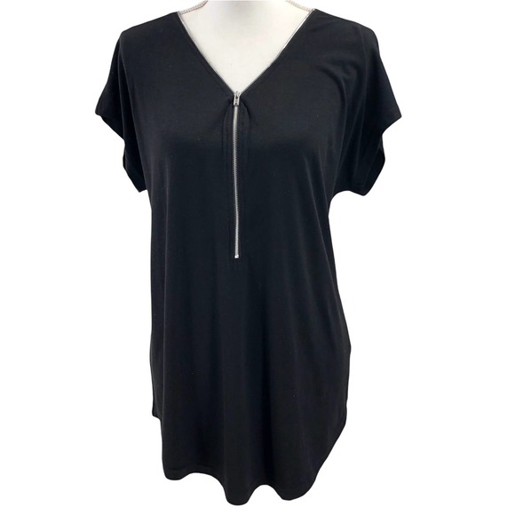 Hount NEW Womens Size Large Zipper Front Short Sleeve Blouse in Black - Picture 1 of 6
